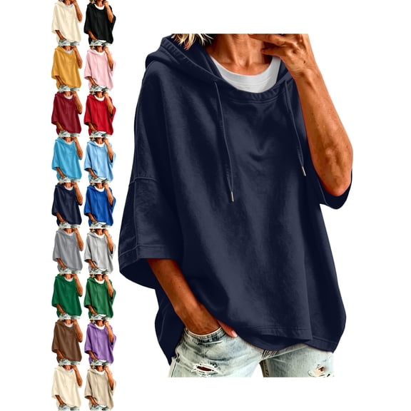 Oversized Hoodies for Women Pullover Casual Hooded Drawstring Solid Color 3/4 Split Sleeve Sweatshirt Top