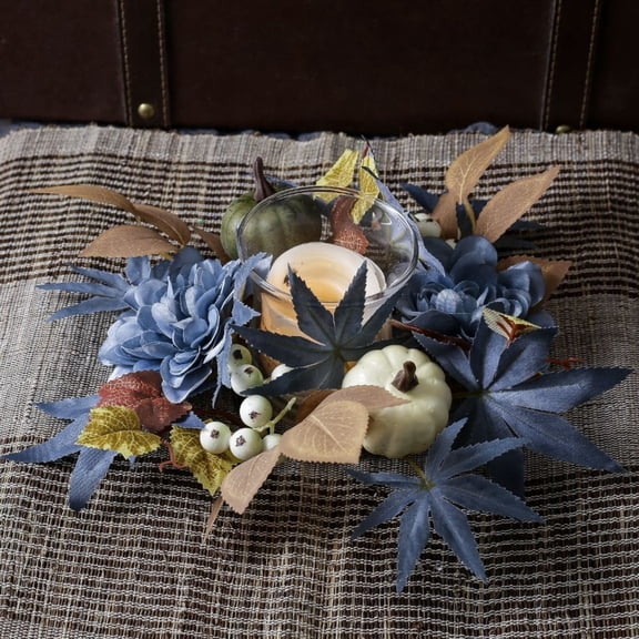 Blue Maple Pumpkin Candle Holder Wreath — Autumn Thanksgiving Table Centerpiece