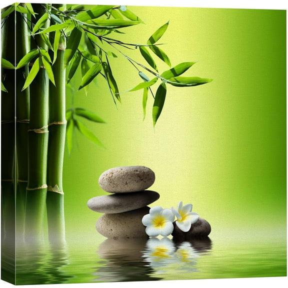 wall26 Canvas Print Wall Art Zen Stone Stack with White Lily Duo & Bamboo Floral Nature Digital Art Modern Art Rustic Scenic Relax/Calm Colorful for Living Room, Bedroom, Office - 24"x24&quo