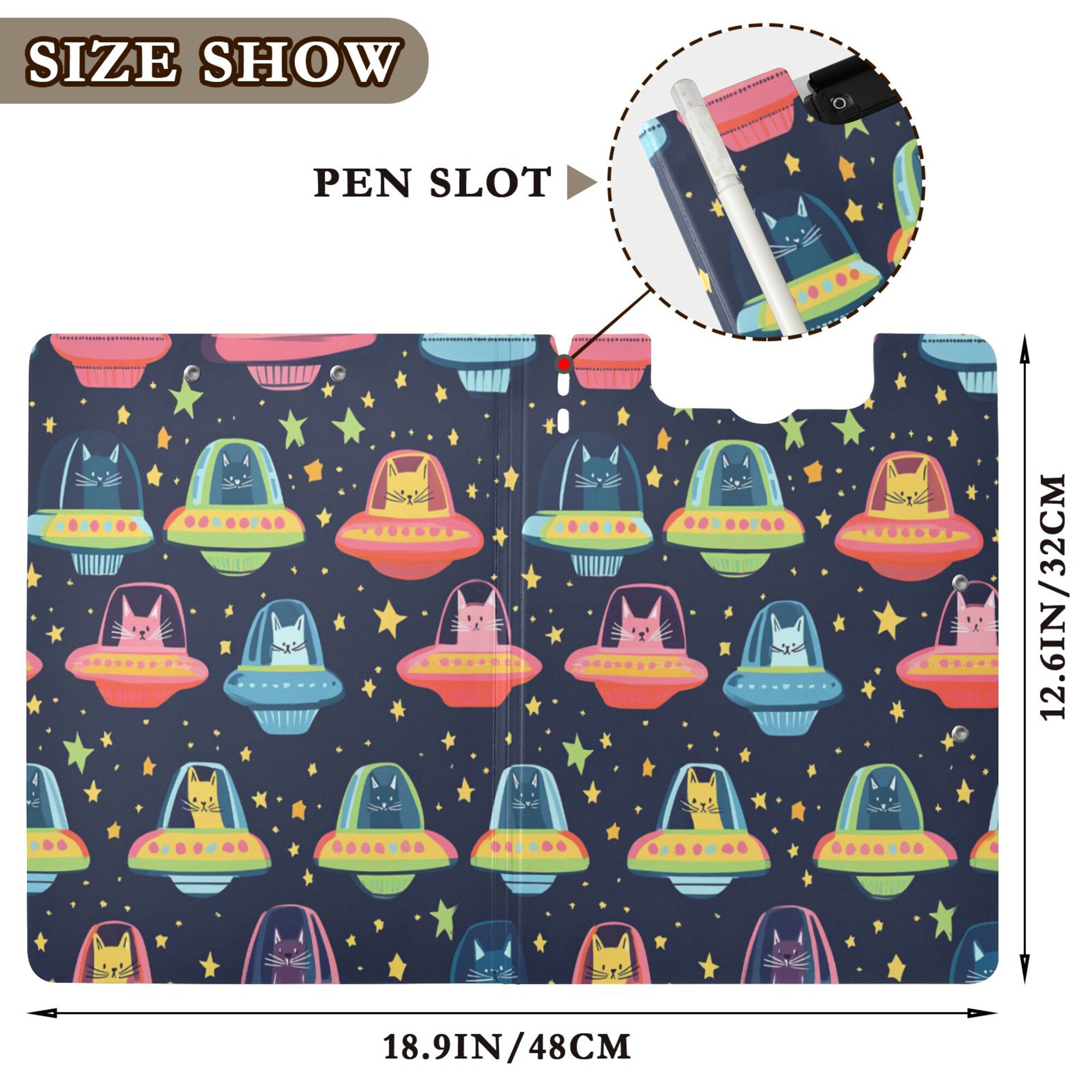 FORMRS A4 Clipboard Folder with Pen Holder Horizontal Foldable School Office Binder, Cartoon Space Cat