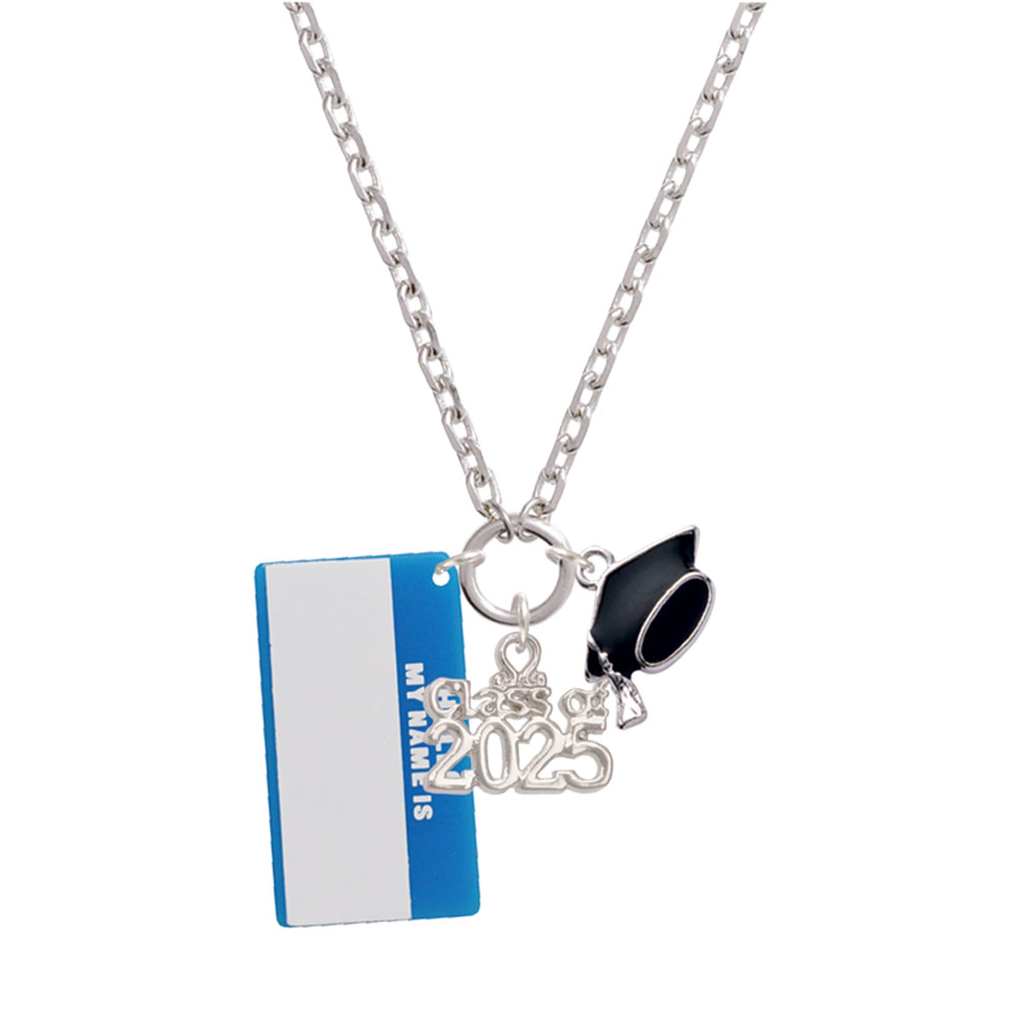 Delight Jewelry Acrylic Blue "Hello" Name Tag - Silver-tone Class of 2025 Graduation Zoey Necklace, 28"