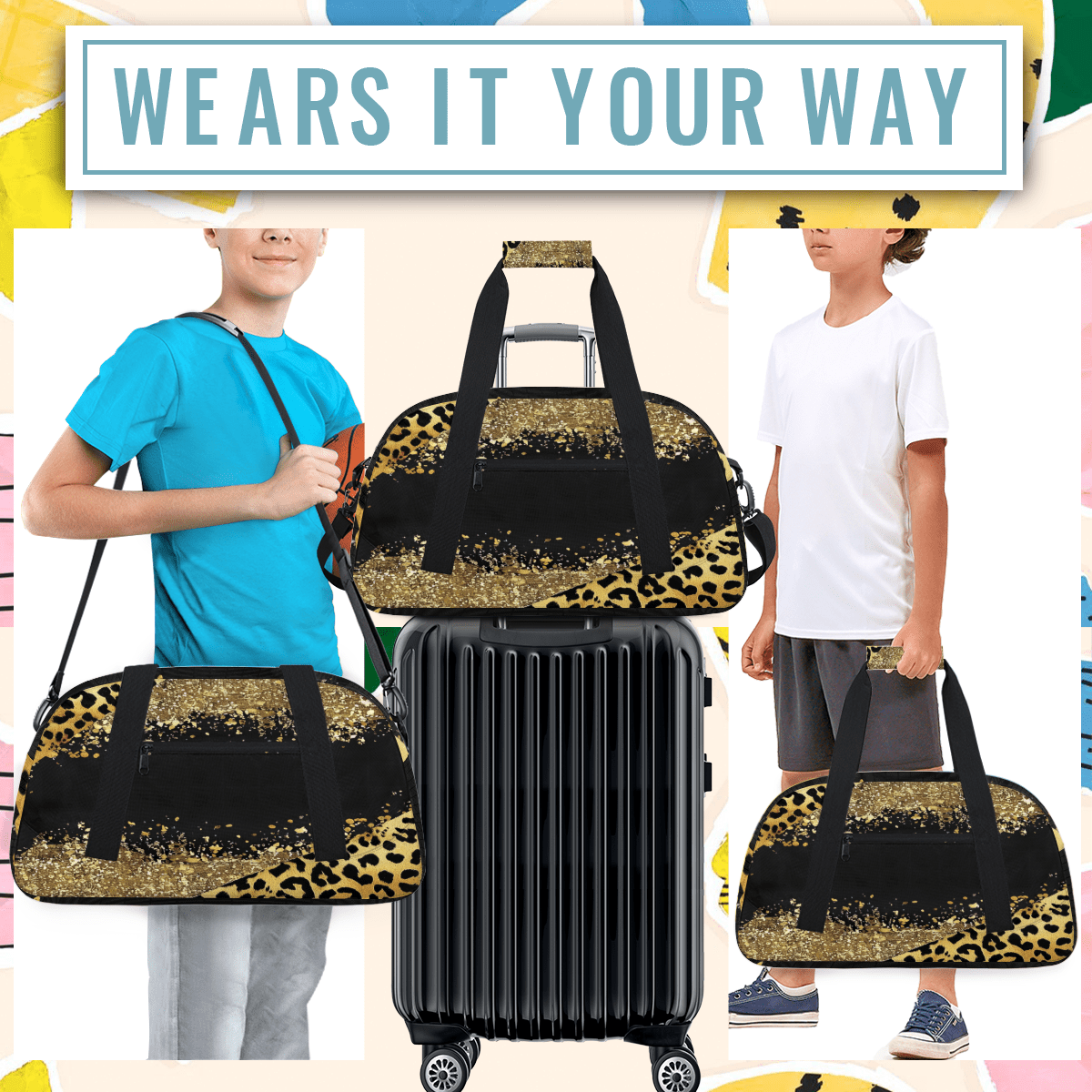 Herdesigns Leopard Cheetah Sports Duffle Bag for Women & Men, Gym Bag Dance Bag Overnight Bag Carry On Weekender Travel Bag