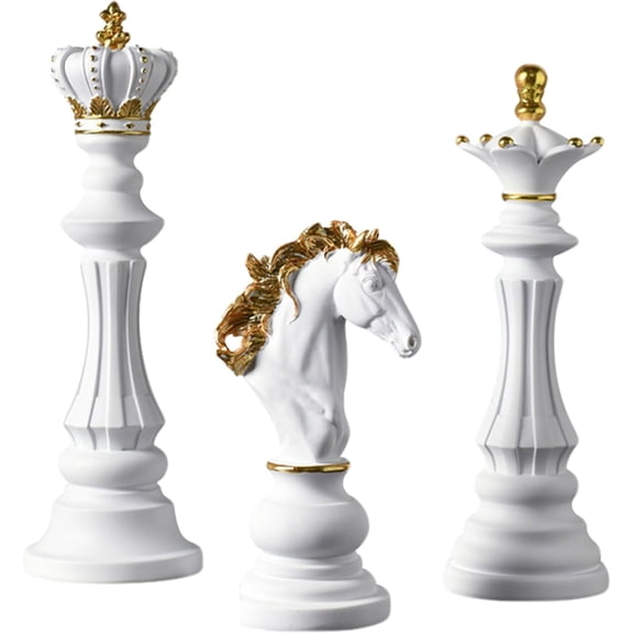 Chess Statue Decor Piece Set: 3PCS Decorative Resin Chess Sculpture, King Queen Knight Statue Chess Piece Decor, Retro Collectible Figurine Ornaments for Home Office Desk Wine Cabinet Gift (White)