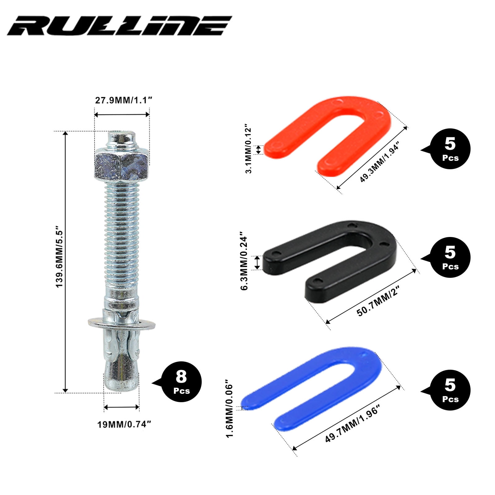 RULLINE 23 Pcs Car Lift Installation Kit for 2 Post & 4 Post Lifts, Includes 3/4"x5.5" Wedge Anchor Bolts (8pcs) and Leveling Shim Set (5x 1/4", 5x 1/8", 5x 1/16"), Heavy-Duty  Carbon Steel
