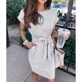 thumbnail image 1 of Nouvelle Robe Décontractée à Rayures pour Femmes, Col Rond, Jupe Élégante, Manches Courtes, Ceinture, Tunique avec Ceinture et Ceinture, 1 of 7