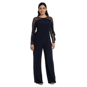 R&M Richards Women's Petite Long-Sleeved Jumpsuit with Sheer Panels and Ruffles