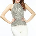 thumbnail image 5 of Women's Sequin Halter Tank Top Summer Luxurious Mock Neck Sleeveless Blouses Slim Fit Fashion Going Out Clothes Gray, 5 of 7
