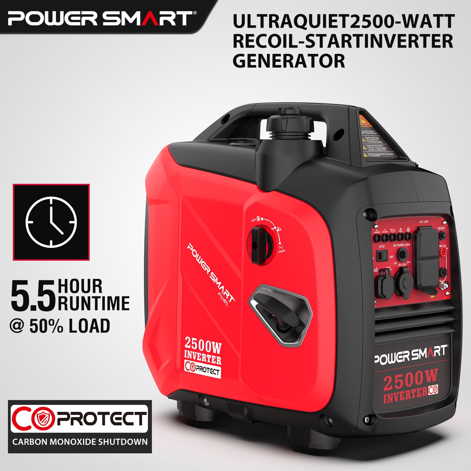 PowerSmart 2500W Portable Gas Fuel Inverter Generator CO Detect with Manual Start Outdoor Camping