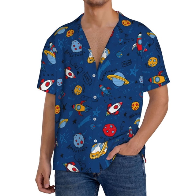 Fotbe Space Camisa Estampada de Manga Corta para Hombre, Casual de Verano, Estilo Playero, Sin Arrugas-X-Large