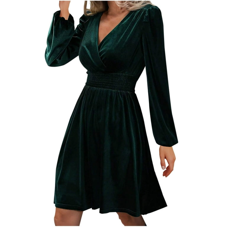 ZQUUVOU Women's Winter Dress Wrap Solid Color V Neck Long Sleeves  Drawstring Waist Velvet Knee Length Dress Green,L - Walmart.com