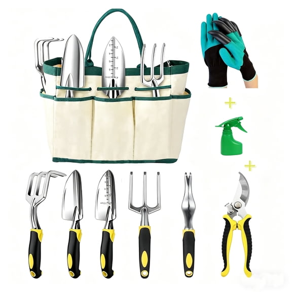 FPCYCG 9 Piece Garden Tools Set with Bag & Gloves,Heavy Duty Gardening Hand Tools Kit,Garden Gifts Supplies for Women Mom