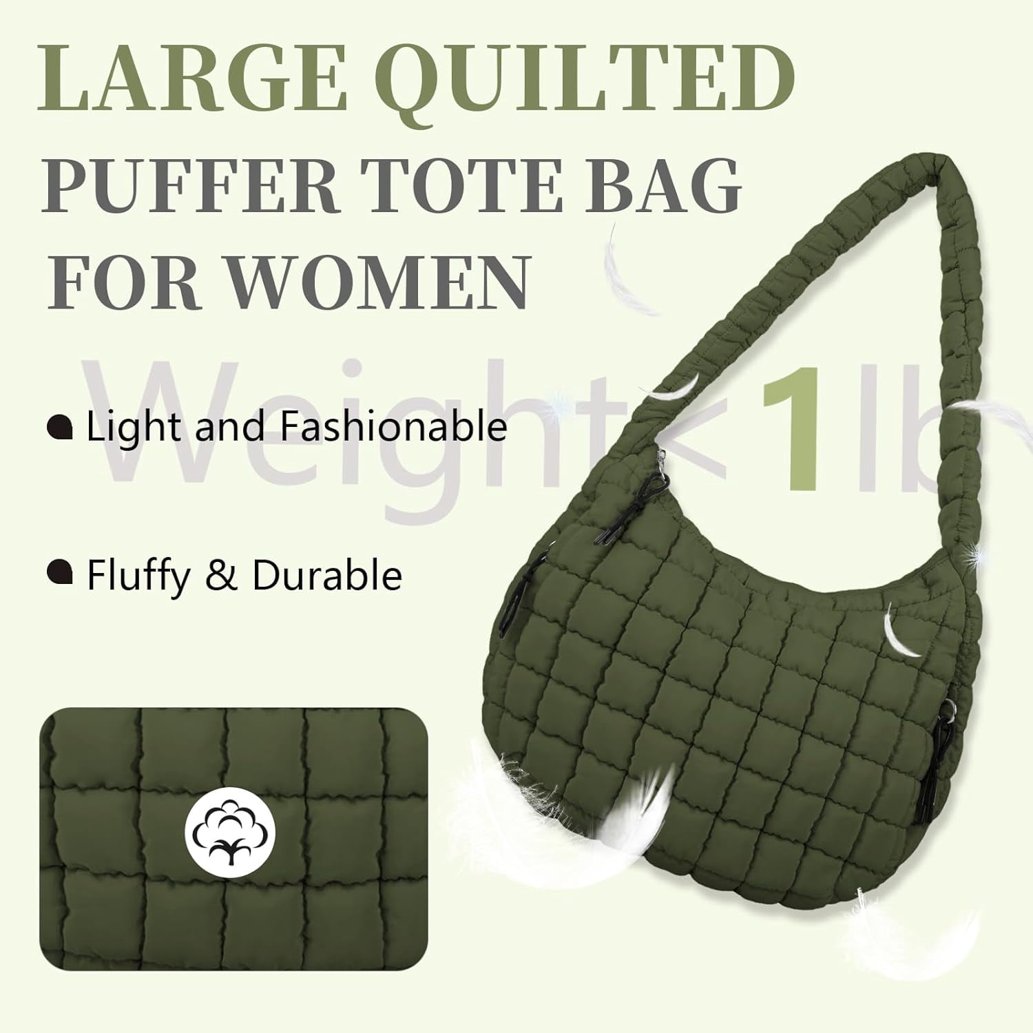 Lohol Quilted Puffer Tote Bag for Women - Large Crossbody Bag, Lightweight Nylon Puffy Carryall Hobo Puff Shoulder Bag-Dark Green
