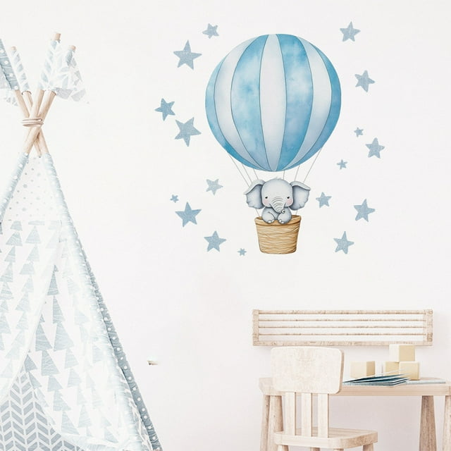Adhesivo de pared con diseño de globo aerostático azul con dibujo animado y elefante durmiendo