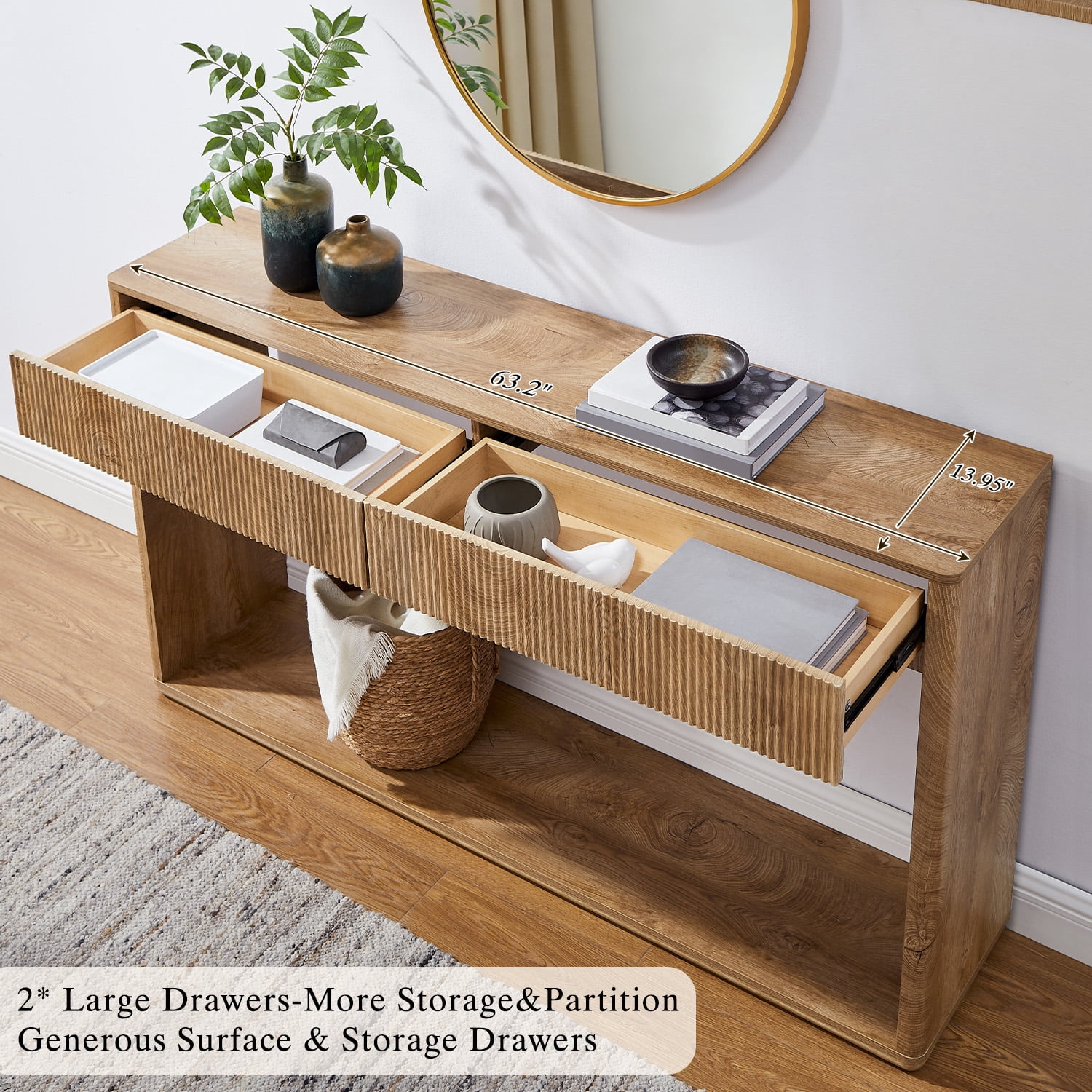 KeyWhat 63" Fluted Console Table with 2 Drawers, Modern Entryway Sofa Table with Anti-Tip Kit, Sturdy Long Console Table for Living Room, Hallway and Foyer , Light Knotty Wood