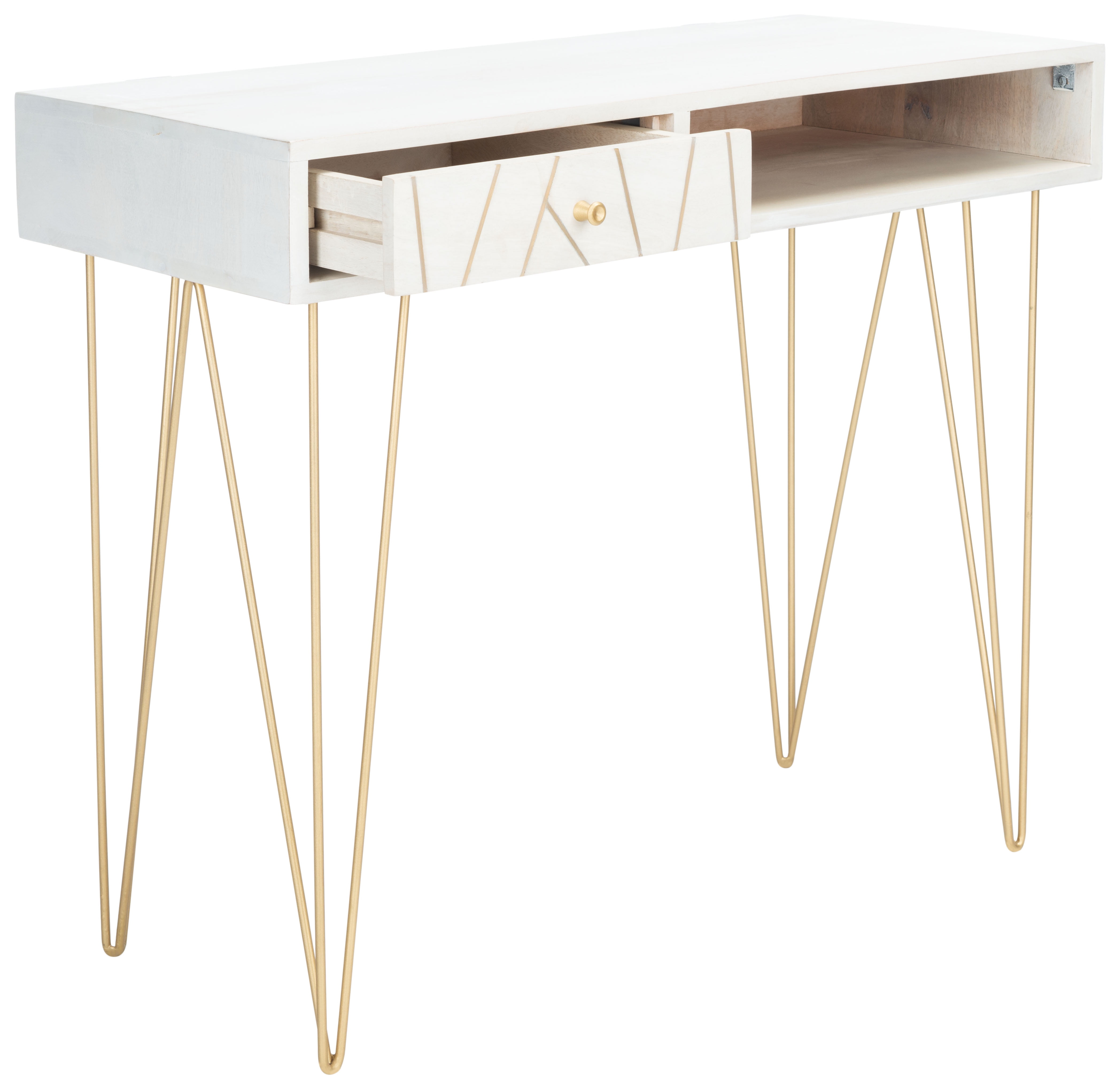 SAFAVIEH Marigold Mid-Century w/ Drawer Writing Desk, White Wash/Brass