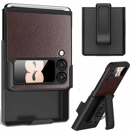 Decase Samsung Galaxy Z Flip4 Holster Case, Lychee Pattern Full Coverage Back Kickstand Rotating Belt Clip Shell Cover for Samsung Galaxy Z Flip 4, Brown