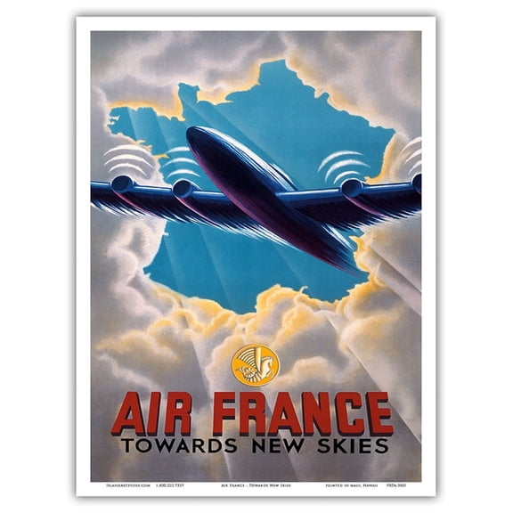 Towards New Skies - Plane soars through sun-lit gap in clouds shaped like a map of France - Vintage Travel Poster c.1947 - Master Art Print (Unframed) 9in x 12in
