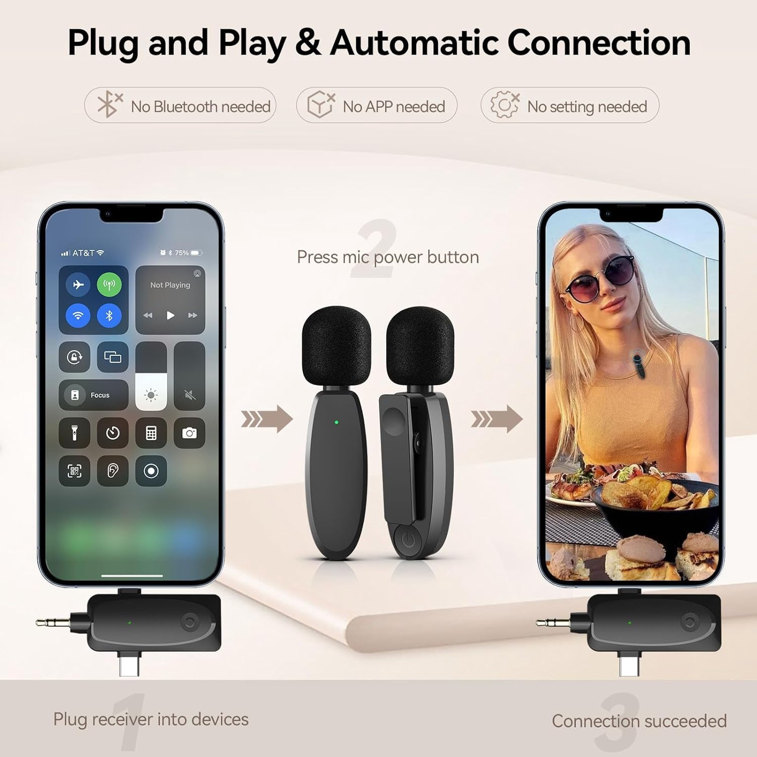3 in 1 Wireless Lavalier Microphone for iPhone,Android,Camera and Laptop, 2.4G Ultra Low Delay Double Mini Microphone Lapel Mic with Noise Reduction for Video Recording