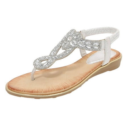 

ZHAGHMIN Summer Rhinestone Sandals for Women Bohemian Hollow Out Solid Color Wedge Flip Flops Open Toe Womens Breathable Walking Sandals Silver Size6.5