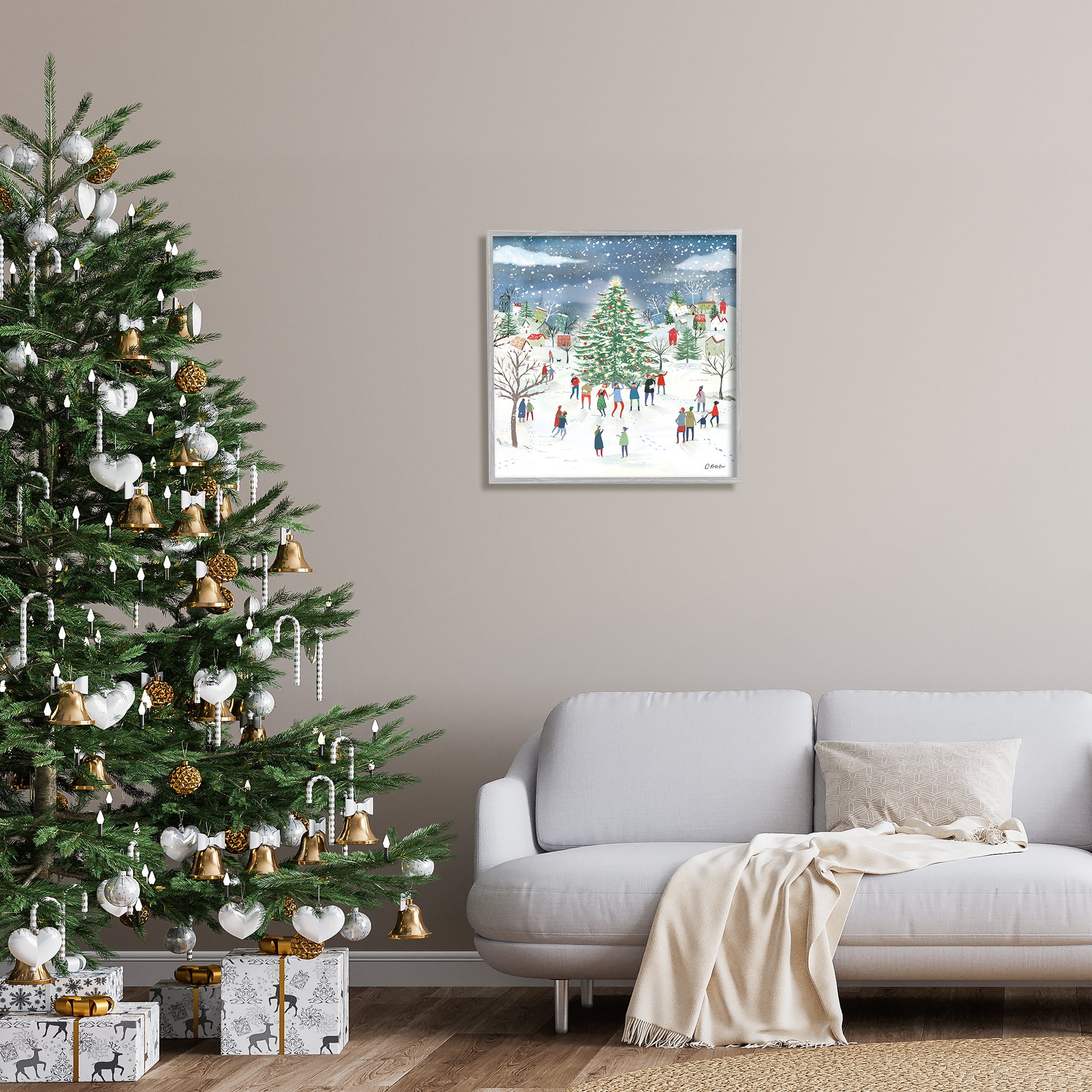 Stupell Industries Town Christmas Tree Celebration Holiday Painting Gray Framed Art Print Wall Art