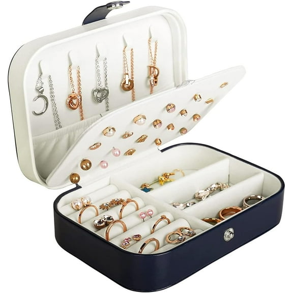 Travel Jewelry Box, PU Leather Small Jewelry Organizer for Women Girls, Portable Mini Travel Case Display Storage Holder Boxes for Stud Earrings, Rings, Necklaces, Bracelets (Blue)