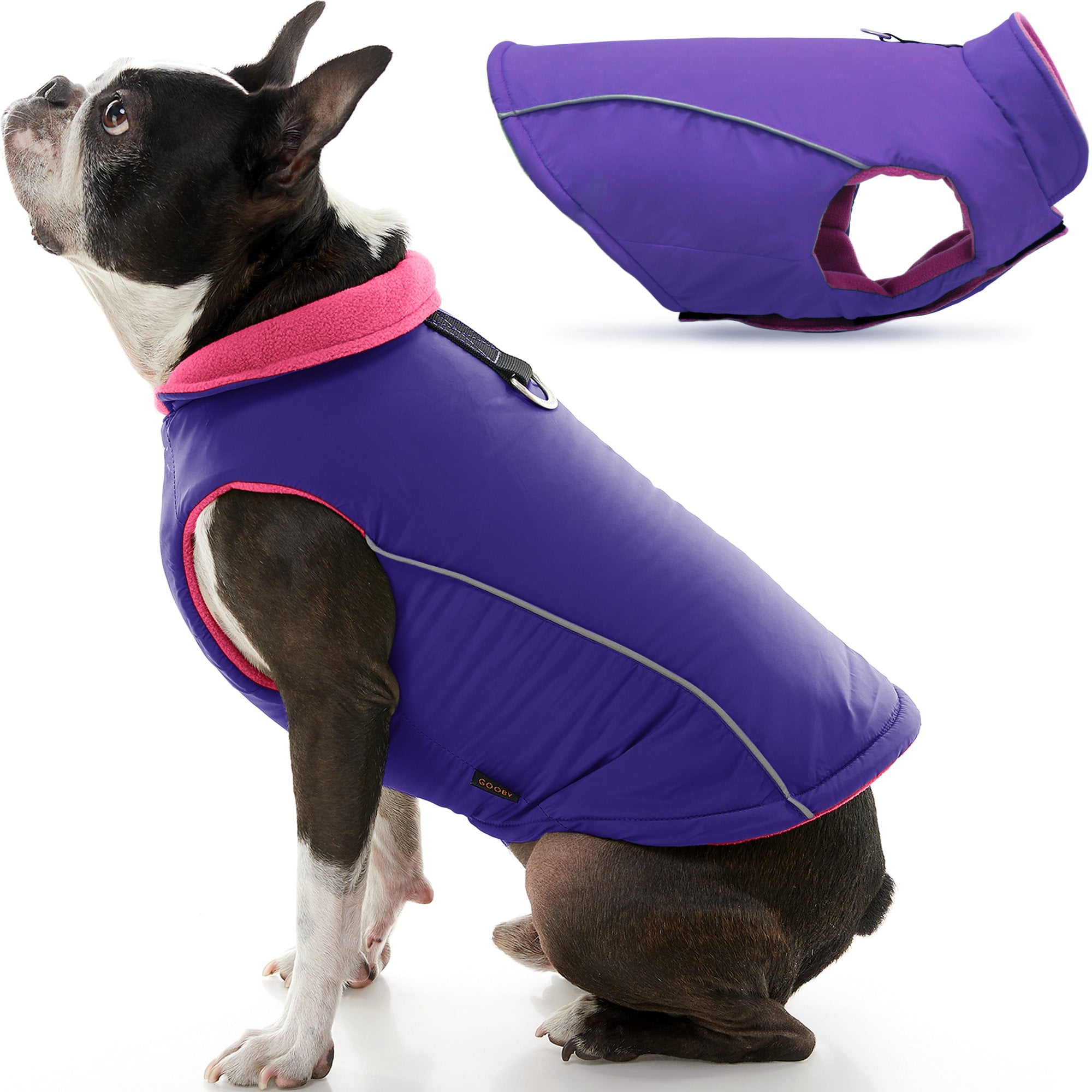 Gooby Sports Dog Vest Purple Medium Fleece Lined Dog Jacket Coat with D Ring Leash Reflective Vest Small Dog Sweater Hook and Loop Closure Dog Clothes for Small