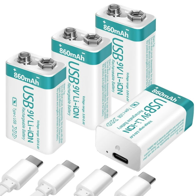 Batería USB de litio recargable de 9 V, 860 mAh, paquete de 4 con cable