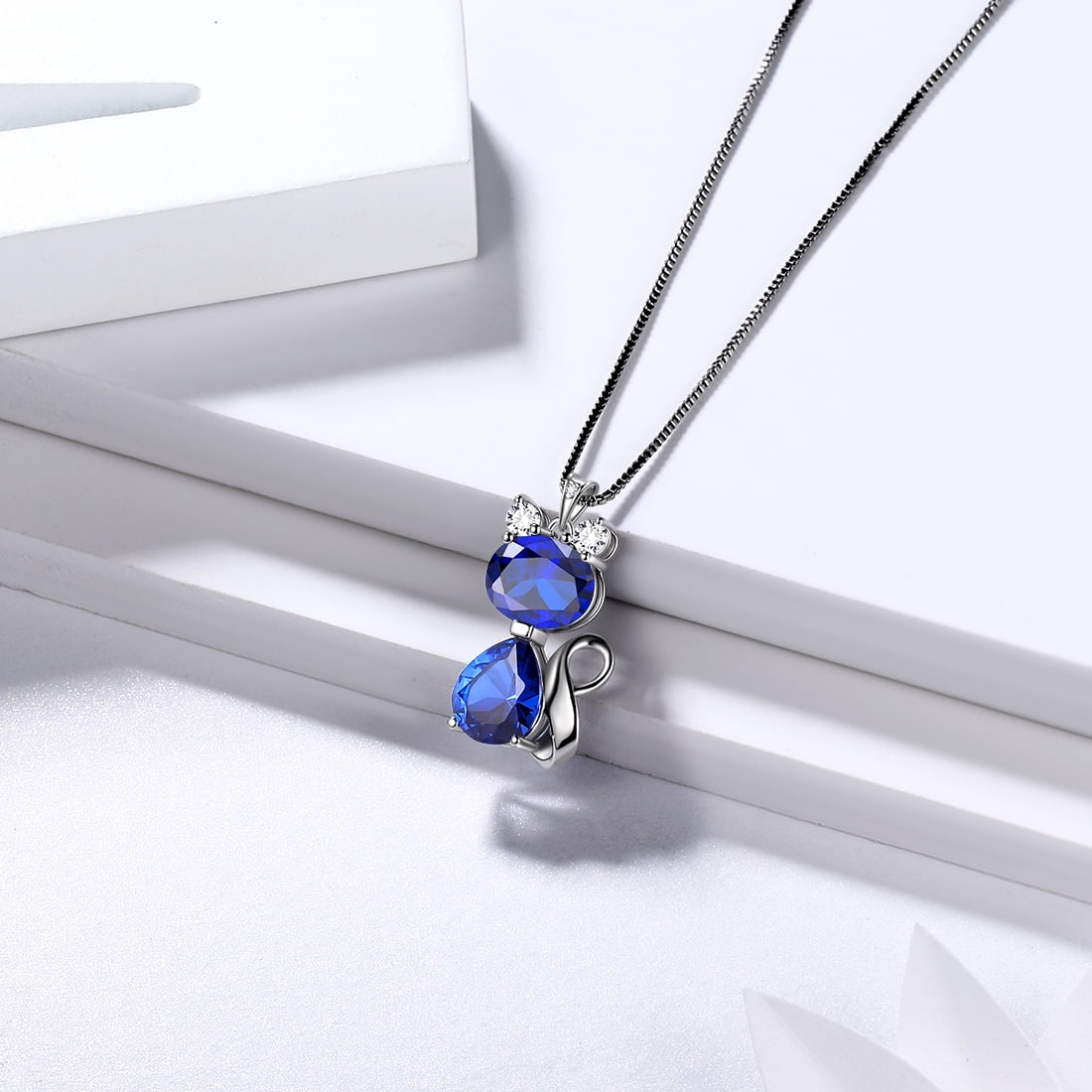 Juwaliy September Birthstone Necklace Sapphire Blue Cat Pendant Charms 925 Sterling Silver Jewelry Women Daughter Wife Mother Christmas Birthday Gift