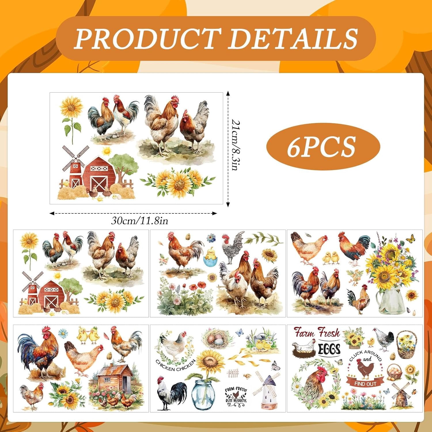 Chicken Rub on Transfers for Crafts - 6 Sheets Farm Rub on Transfer Stickers for Furniture Sunflower Rub on Transfers for Wood Glass Scrapbook DIY Home Decor 11.8x7.9 Inch