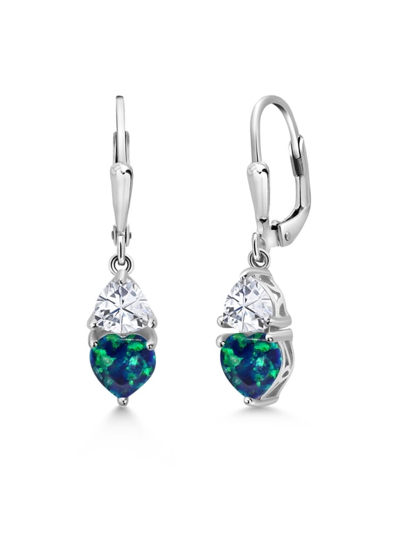 925 Sterling Silver Simulated Green Opal and White Moissanite Dangle Leverback Earrings for Women (2.44 Cttw, Gemstone October Birthstone, Heart Shape 6MM, Trillion 5MM)