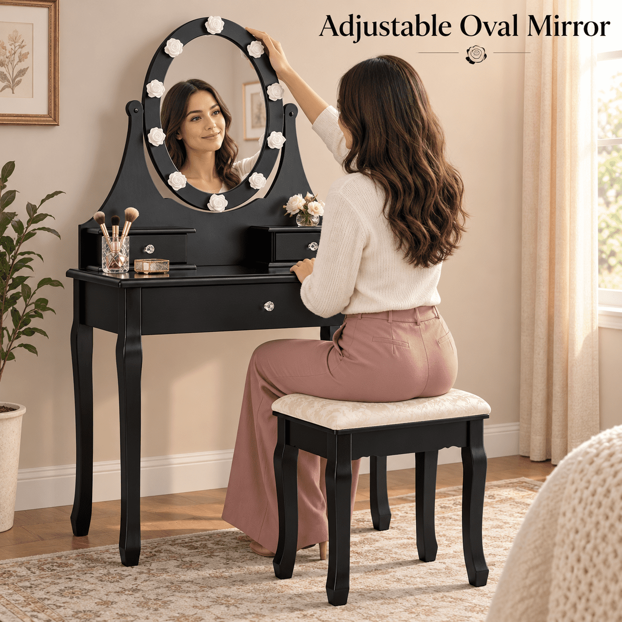 Furnibear Makeup Vanity Table Set with Lighted 360-Degree Rotating Mirror 3 Drawers Cushioned Stool for Bedroom, Black