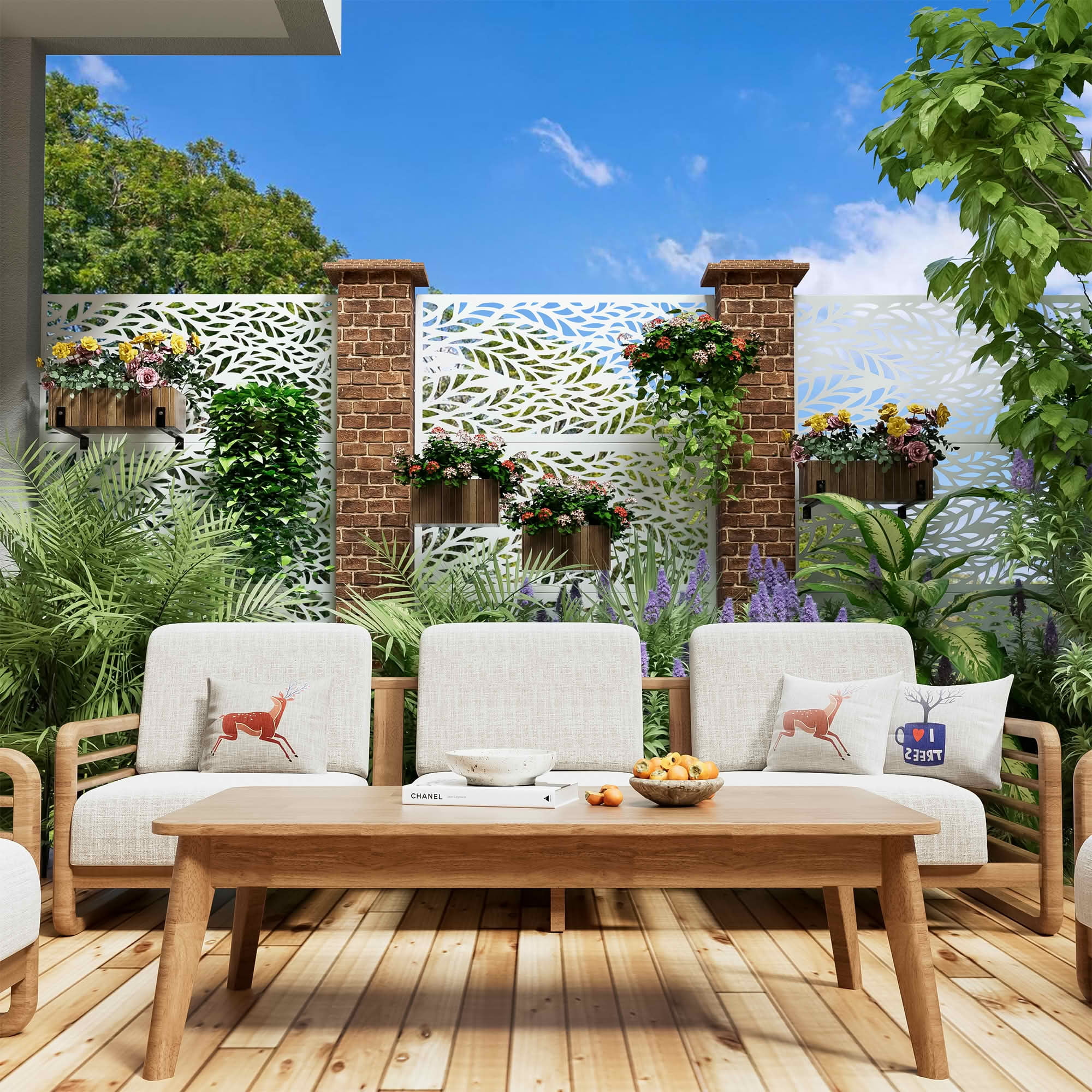 MAYEERTY 72x47x16 Inch White Spring Leaf Galvanized Steel Privacy Screen, 3 Piece Set for Outdoor Patio