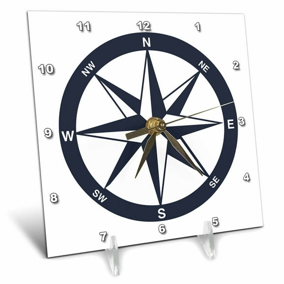 3dRose, Blue and White Nautical Compass, 6x6 Desk Clock
