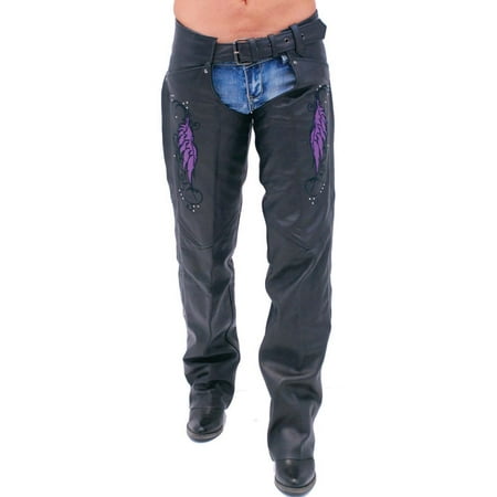 Ladies Leather Chaps Pants - Purple Wings Leather Chaps for Women with Pant Pockets #CL7908PUR
