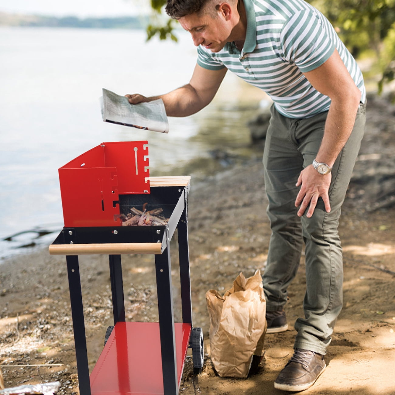 Linsen-outdoors Charcoal Grill Square BBQ Grill For Outdoor Camping Portable Barbecue Grill Patio Cooker Red