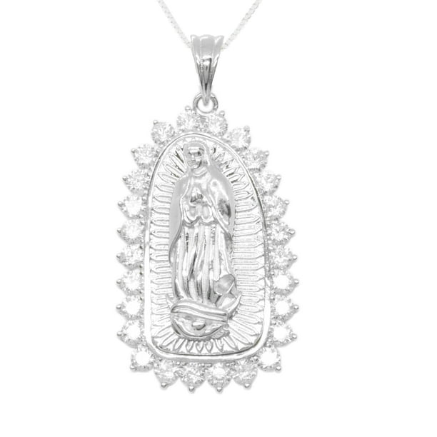 JAMESJENNY PENDANT Necklace Virgin Mary Guadalupe Santa Maria SOLID 925 STERLING SILVER High Grade CZ Stones Surrounds (SKU#P1004SV) WITH CHAIN