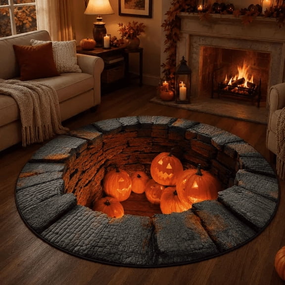 Halloween Pumpkin 3D Illusion Rug, Spooky Well Round Door Mat, Soft Plush Area Rug for Living Room Entryway M