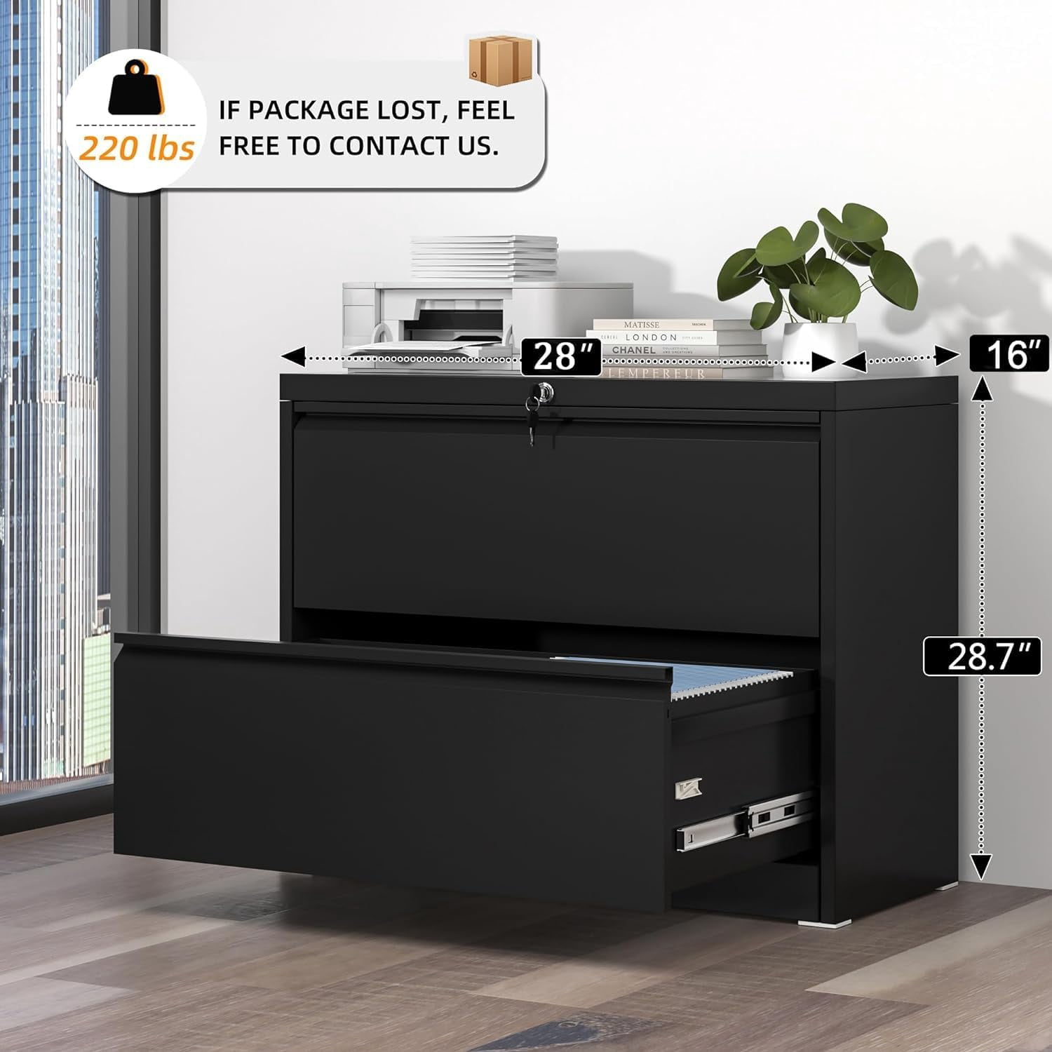 SUNCROWN File Cabinet 2 Drawers, Metal Lateral Filing Cabinet with Lock for Home Office, Locking Horizontal File Cabinet for Hanging Files Letter/Legal/F4/A4, Black-28”W, Easy Assemble