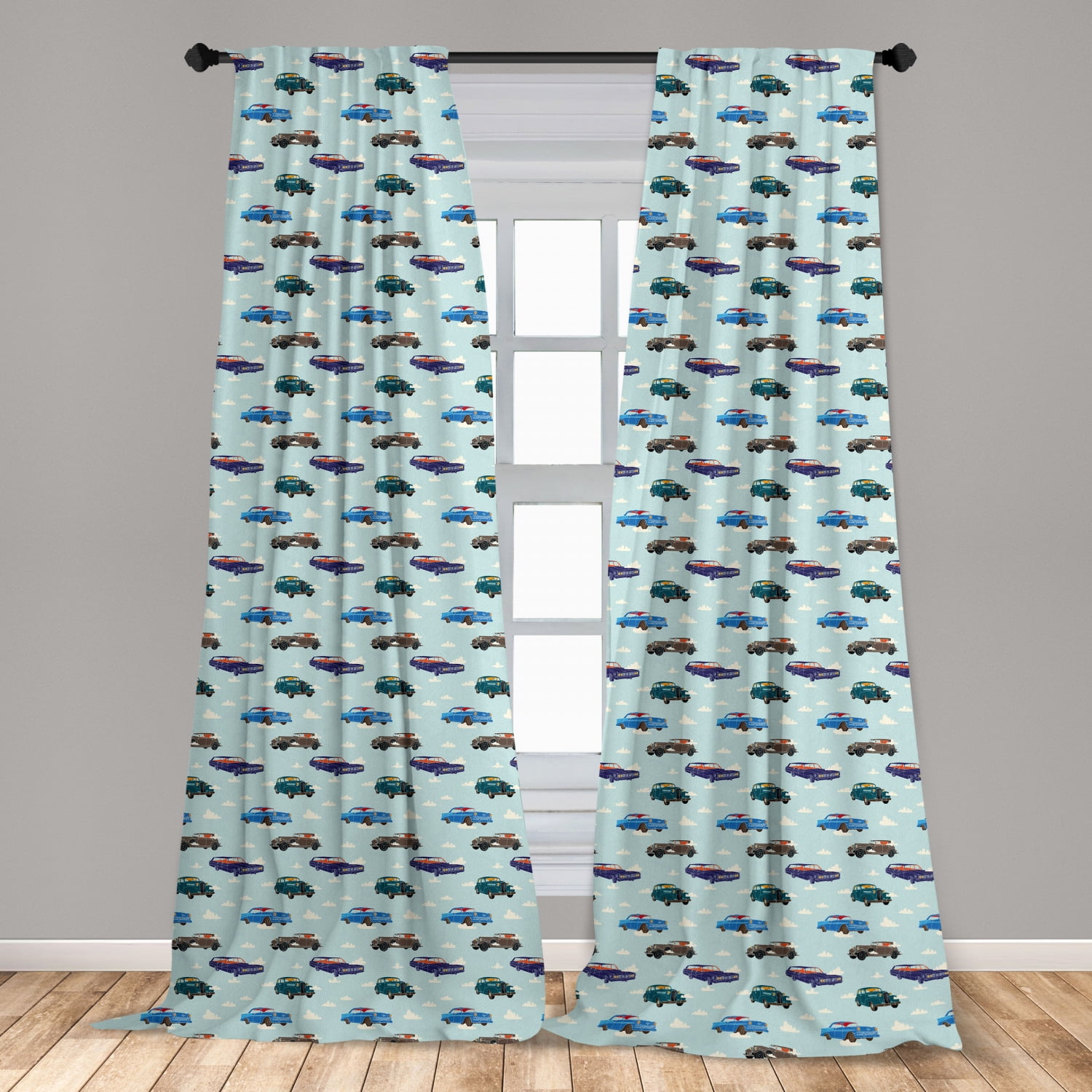 Cars Curtains 2 Panels Set, Absurd Design with Vintage Cars in the Air with Clouds Old Vehicles
