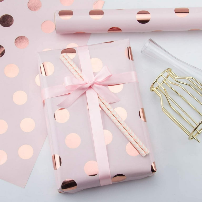 WRAPAHOLIC Wrapping Paper Roll Mini Roll 17 Inch x 33 Feet Rose Gold Foil Polka Dot Design for Birthday Holiday Wedding Baby Shower