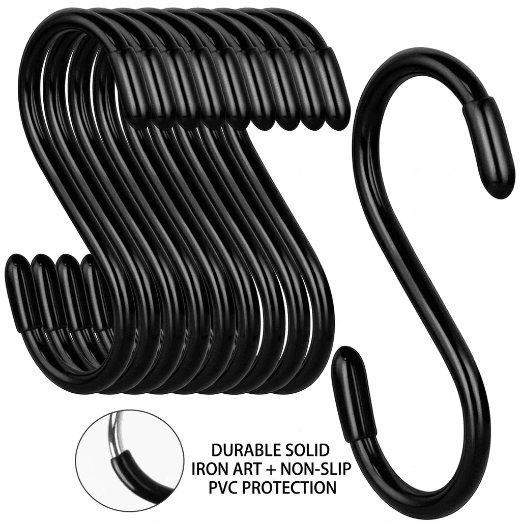 Multipurpose S-Hooks with Protective Rubber Grip, Non-Slip S-Shaped Storage Hooks for Closet Organization, Hanging Rack for Belts, Bags, Plants and Tools, Heavy Duty & Easy Installation
