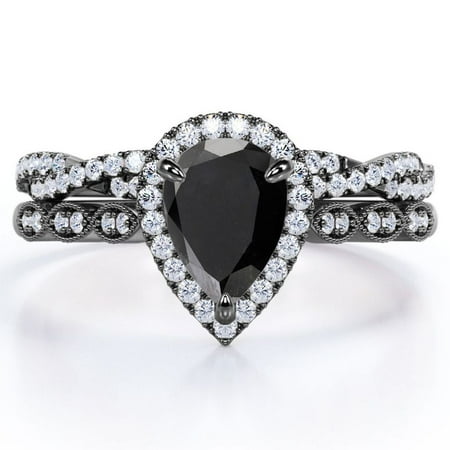 JeenMata Art Deco Filigree Milgrain - 1.5 Carat Almond Shaped Lab Created Black Diamond and Moissanite - Halo Pave Crossover Wedding Set - 18K Black Gold Plating over Silver