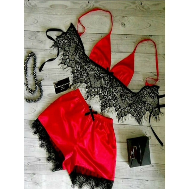 Spring hue Women Satin Lace Sleeveless Summer Pajamas Set