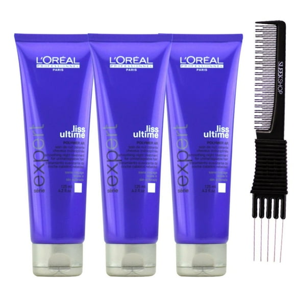L'Oreal SerieExpert - Liss Ultime Smoothing Night Treatment (4.2 oz) with SLEEKSHOP Teasing Comb Pack of 3