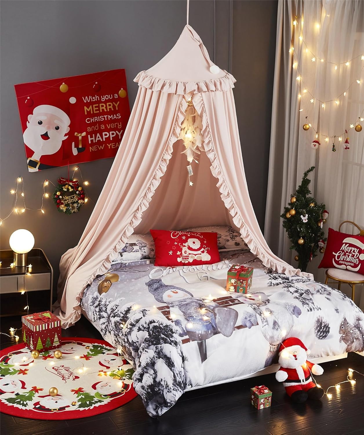 Bed Canopy for Girls,Princess Round Dome Dreamy Mosquito Net Bedding Girls Room Castle Play Tent Hanging House Decor Reading Nook Canopies (Beige Pink)