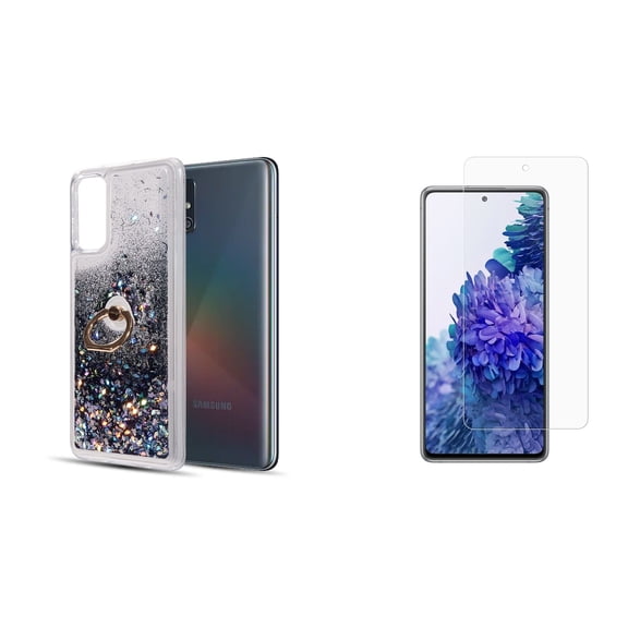 Bemz Waterfall Samsung Galaxy S20 FE 5G (Fan Edition) Case (Sparkling Flowing Liquid Quicksand Glitter Ring Holder Stand Cover) with (2-Pack) Tempered Glass Screen Protectors - Black
