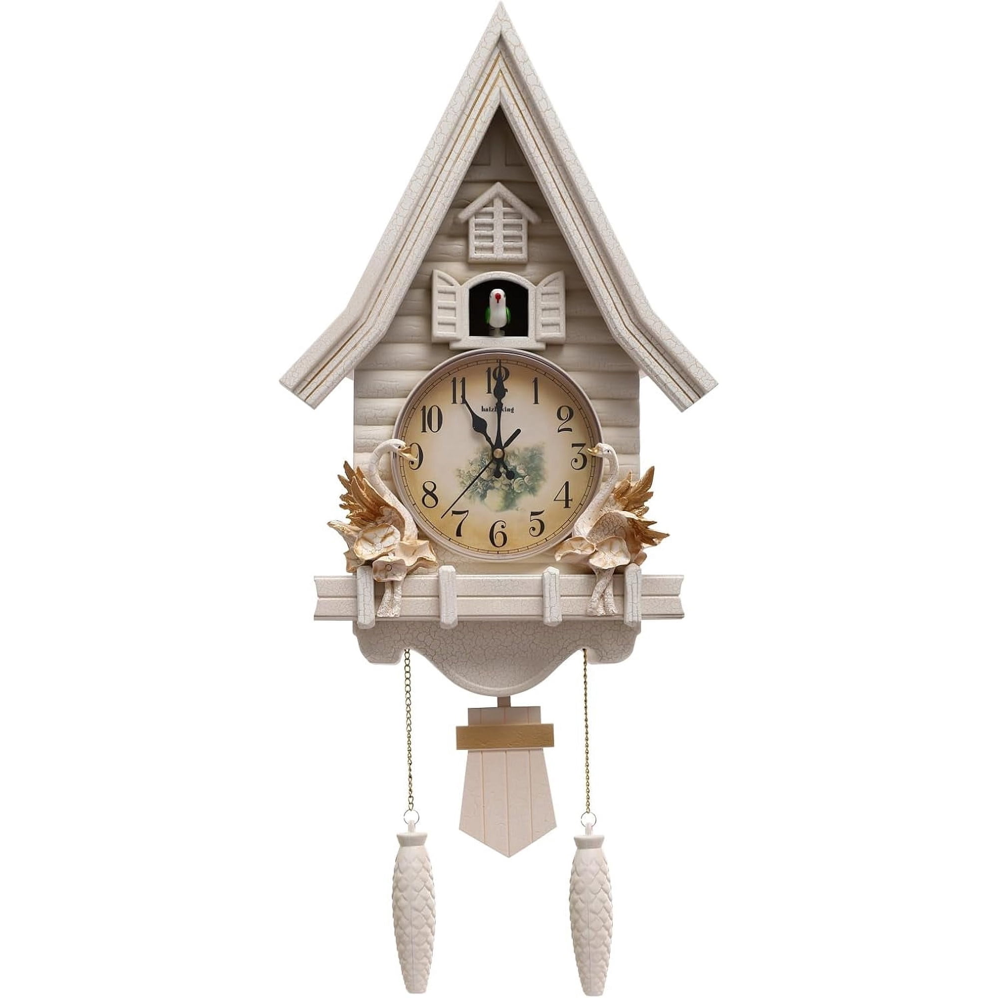 Vintage Cuckoo Wall Clock Chiming Silent Wall Clock, Adjustable Volume, Bird Clock Home Decor Christmas Clock Gifts, White