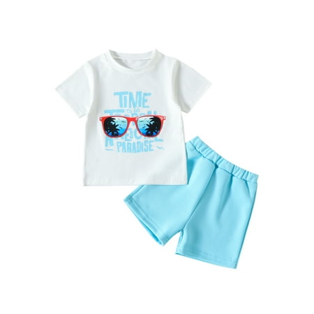 

Toddler Kid Boys Summer Outfit Letter Glasses Print Short Sleeve T-shirt Solid Color Elastic Shorts