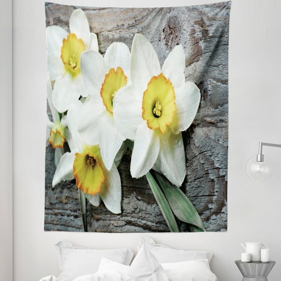 Yellow Gray Tapestry, Blooming Spring Daffodils Spring Concept on Rustic Wooden Back, Fabric Wall Hanging Decor for Bedroom Living Room Dorm, 5 Sizes, Taupe White Reseda Green, by Ambesonne