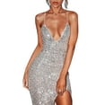 thumbnail image 4 of Licupiee Sexy Sequin Silver Bodycon Dress for Women Sparkly Glitter Deep V Neck Dress Spaghetti Straps High Split Evening Dress, 4 of 7
